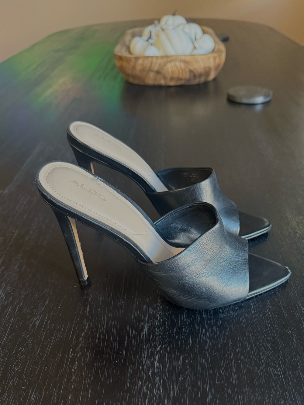 Aldo Black Leather Open-Toe Stiletto Slides